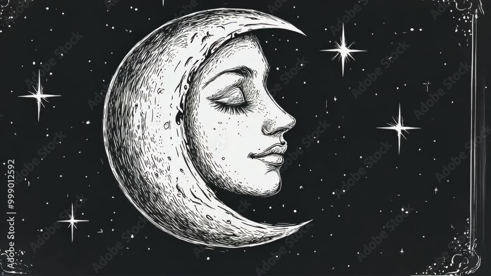 A crescent moon with a woman's face, framed by a star-filled night sky