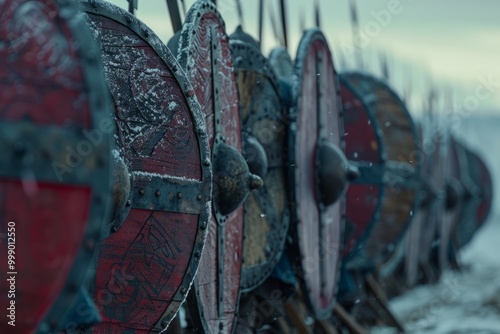 Viking shield wall, with warriors standing in formation 