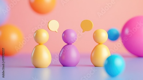 Three 3D figures with speech bubbles in a colorful background, representing communication and connection.