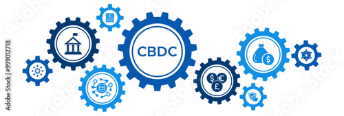 Central Bank Digital Currency (CBDC) Banner with Icons for Blockchain, Financial Trust, Government, and Big Data Integration