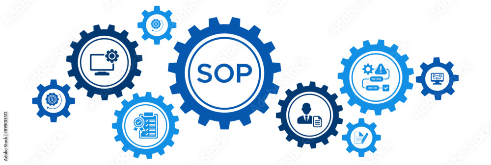 SOP Process Workflow Banner Vector Illustration Concept with Instruction, Operation, Sequence, Iteration, and Quality Control Icons SOP Process Workflow Banner Vector Illustration Concept with Instruction, Operation, Sequence, Iteration, and Quality Control Icons