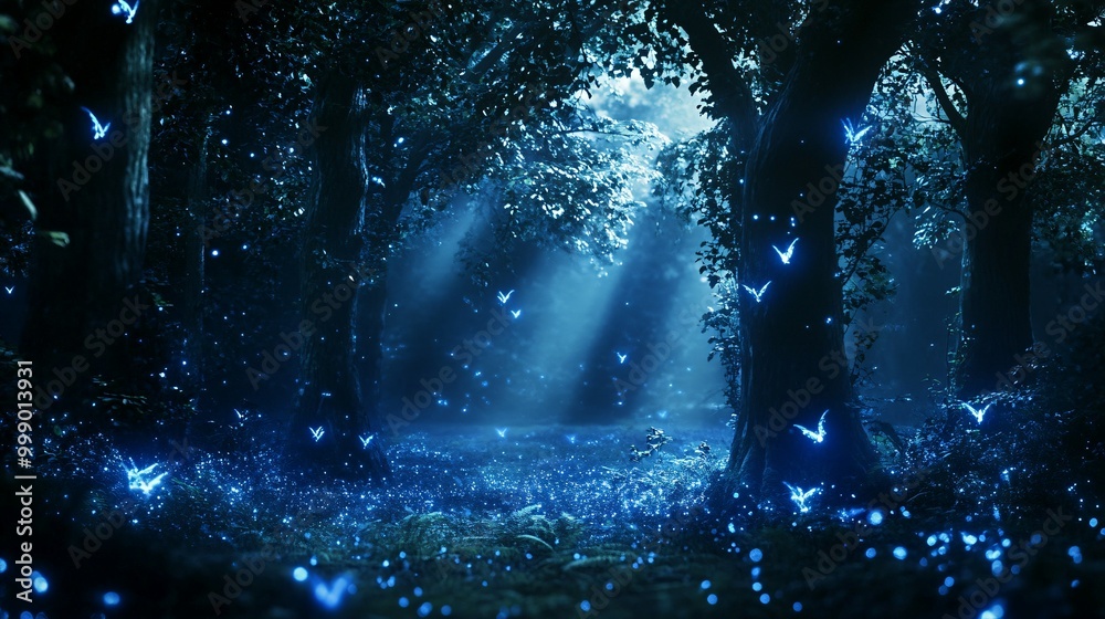 Obraz premium Enchanted Forest with Bioluminescent Fireflies at Night