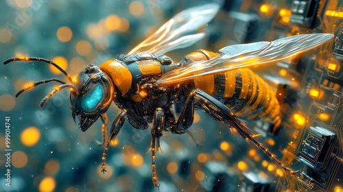 Cyber Wasp - Futuristic Robotic Insect in High-Tech Transparent Circuit Hive
