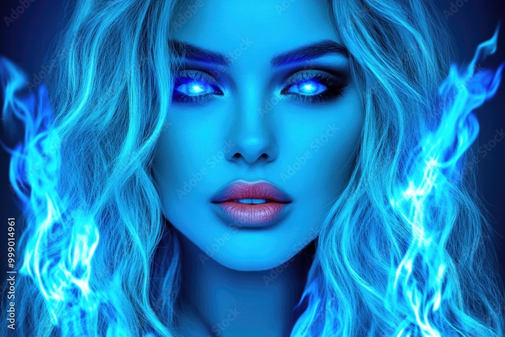 Enchanting Modern Sorceress with Glowing Eyes Surrounded by Mystical Blue Flames — Fantasy Art for Posters and Designs Enchanting Modern Sorceress with Glowing Eyes Surrounded by Mystical Blue Flames — Fantasy Art for Posters and Designs