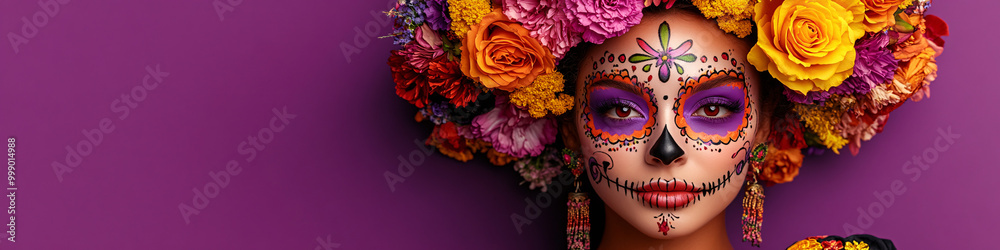 Naklejka premium Dia de los Muertos banner with beautiful woman in sugar skull make-up, catrina calavera in flowers crown, wide banner concept for Mexican Day of Dead festival at solid vivid purple background.