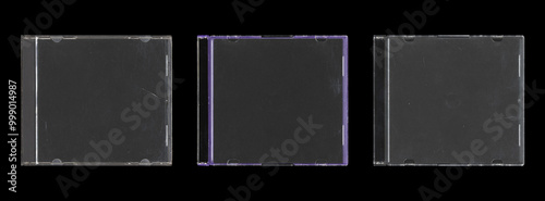 Set of three isolated mockup of old music CD disc jewel case with black cover layout for photo and artworks, in black background, y2k style