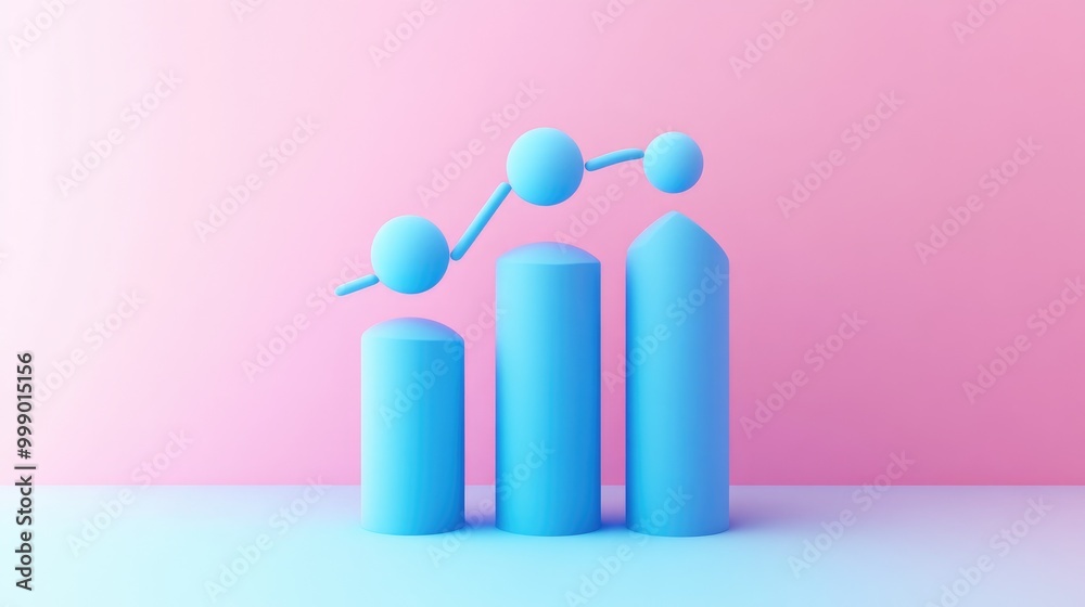 3D rendering of a blue bar chart with a blue line graph on top. The chart is in front of a pink background. 3D rendering of a blue bar chart with a blue line graph on top. The chart is in front of a pink background.