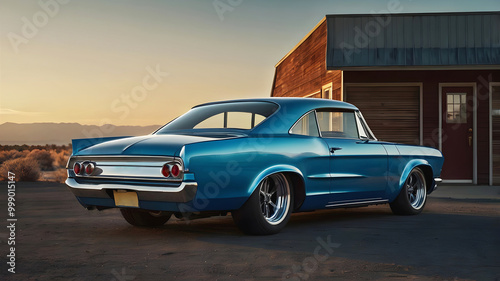 Beautiful unique blue vintage hot rod car parked in the street , automotive background, tuning template, auto transport