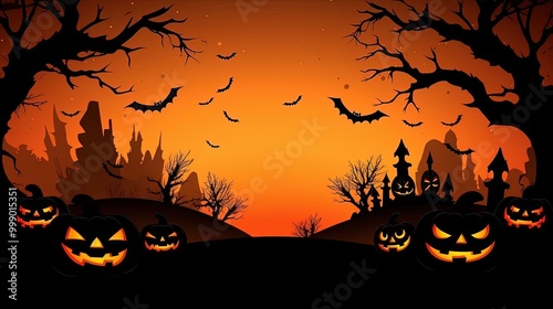 Halloween Scene at Dusk with Orange Sky