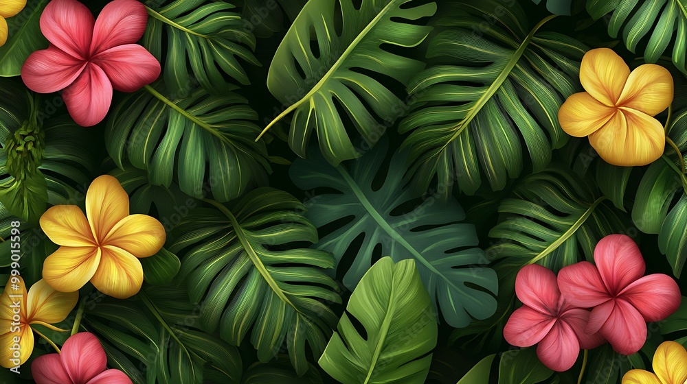 Vibrant tropical floral pattern with lush green leaves and colorful flowers. Vibrant tropical floral pattern with lush green leaves and colorful flowers.
