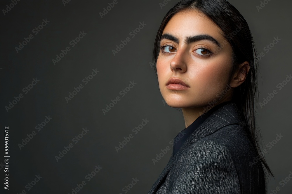 Professional Portrait of a Confident Young Woman in Business Attire with Intense Gaze Professional Portrait of a Confident Young Woman in Business Attire with Intense Gaze