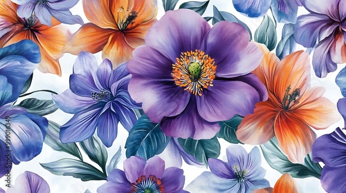 Watercolor floral pattern with purple, orange and blue flowers on a white background.