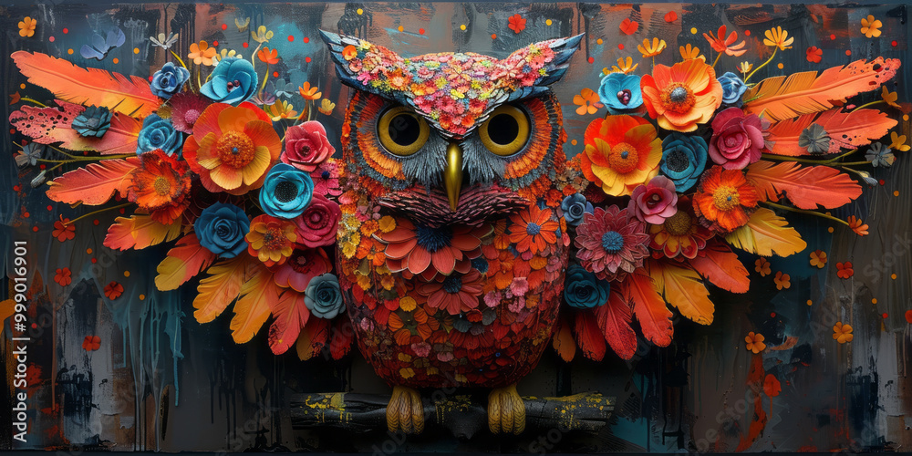 Fototapeta premium floral owls, bright neon colors, graffiti style, spray paint, spread wings