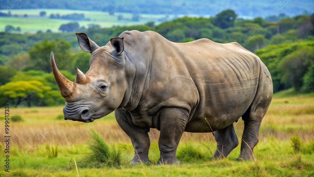 Obraz premium Magnificent Rhino Standing Proudly in the Wilderness with Lush Green Background