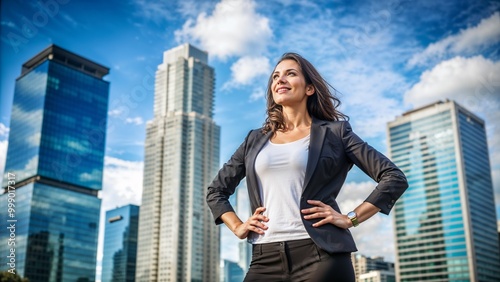 Proud Businesswoman Standing Confidently Among Modern Skyscrapers Under a Bright Blue Sky