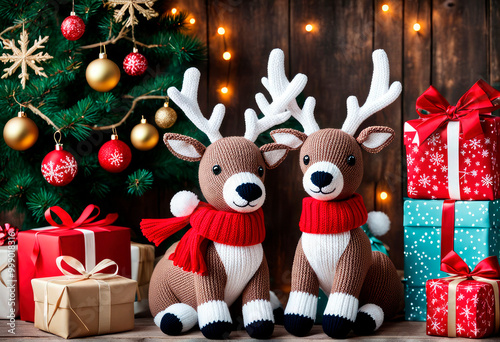 Knitted toy deer with gifts under decorated Christmas tree. Festive handmade souvenirs for Christmas