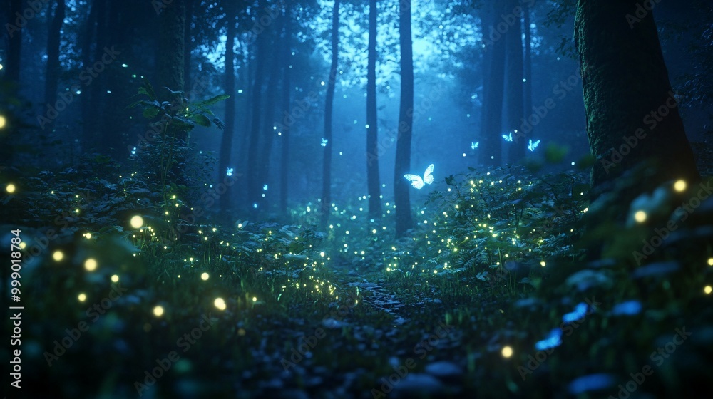 Fototapeta premium Enchanting Forest Night with Fireflies and Butterflies