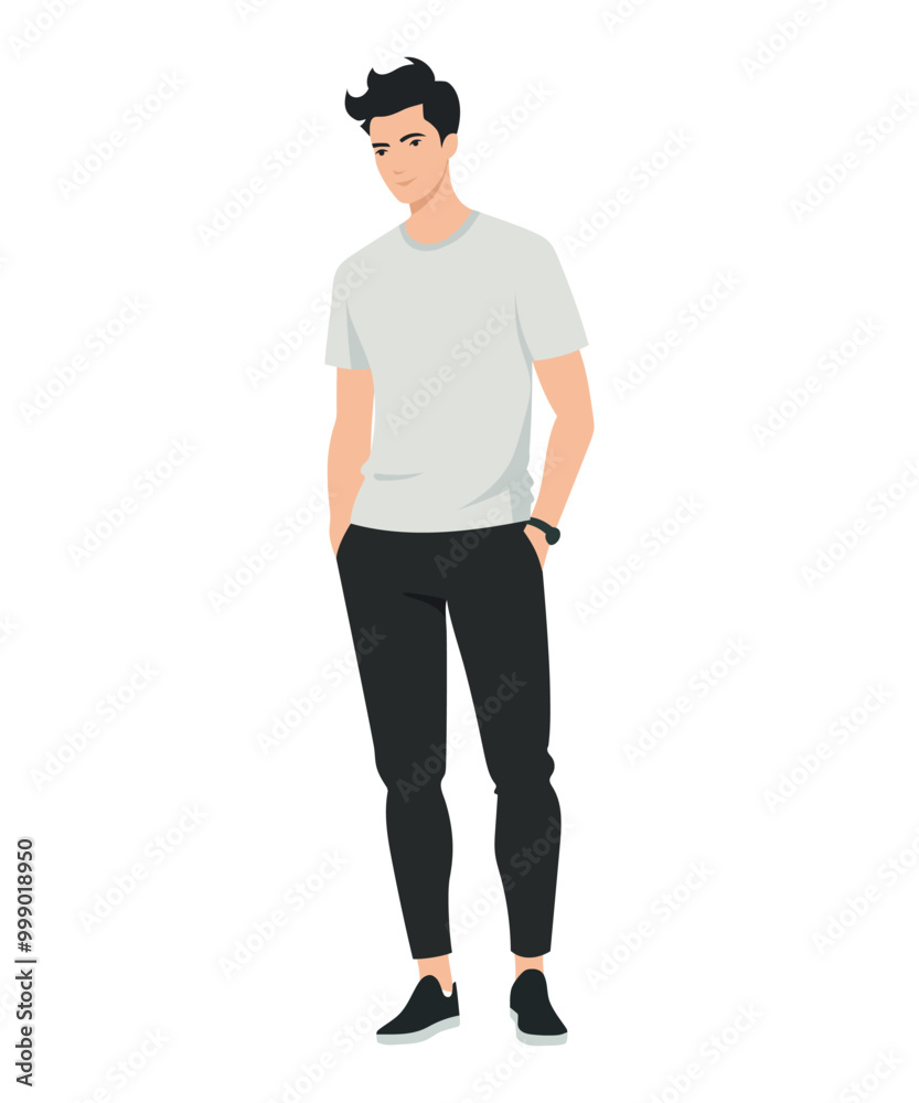 Vector illustration on a white background. A man in a white t-shirt and black pants. Minimalist style. Vector illustration on a white background. A man in a white t-shirt and black pants. Minimalist style.