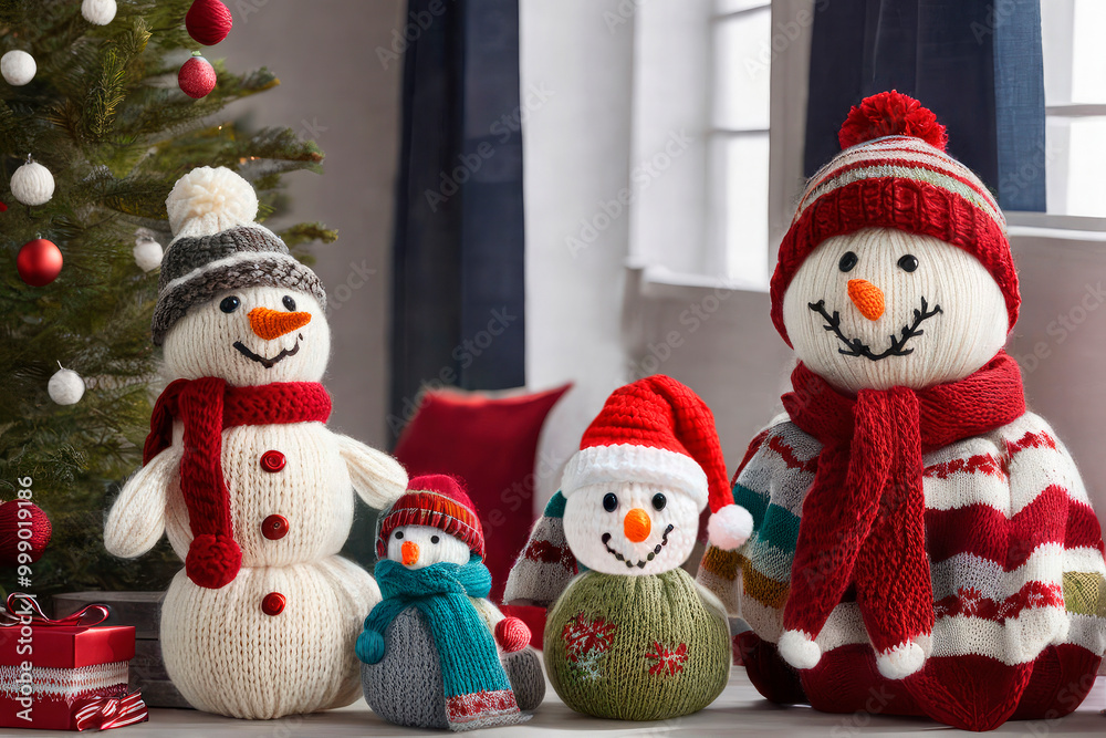 Knitted toy snowmen with gifts under decorated Christmas tree. Festive handmade souvenirs for Christmas Knitted toy snowmen with gifts under decorated Christmas tree. Festive handmade souvenirs for Christmas