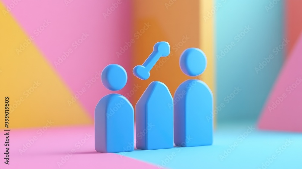 3D render of blue people icon with upward arrow symbolizing growth and success against colourful background. 3D render of blue people icon with upward arrow symbolizing growth and success against colourful background.