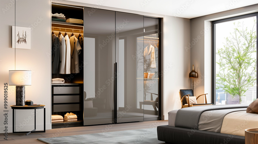Fototapeta premium Modern wardrobe in sleek interior design of contemporary bedroom featuring stylish furniture and natural light
