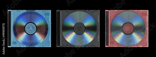 Set of three old music CD disc jewel case with compact disk and without cover in black background, y2k style