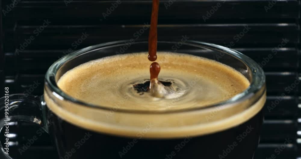 Super slow motion macro of hot creamy aromatic coffee drop is splashing in transparent mug before being served to customer at cafe or bar at 1000 fps. Super slow motion macro of hot creamy aromatic coffee drop is splashing in transparent mug before being served to customer at cafe or bar at 1000 fps.