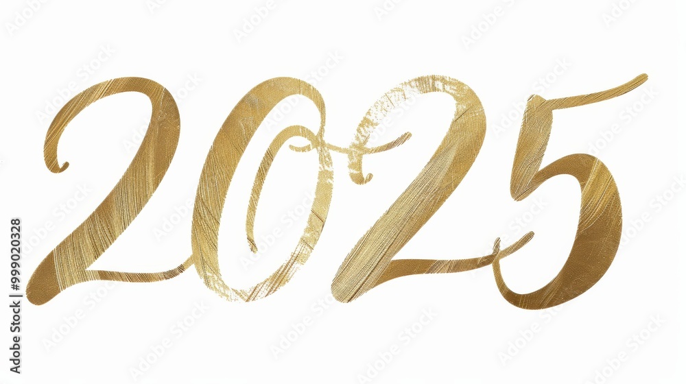 Golden 2025 lettering with brushstroke foil texture on a white background. New Year greeting card Golden 2025 lettering with brushstroke foil texture on a white background. New Year greeting card
