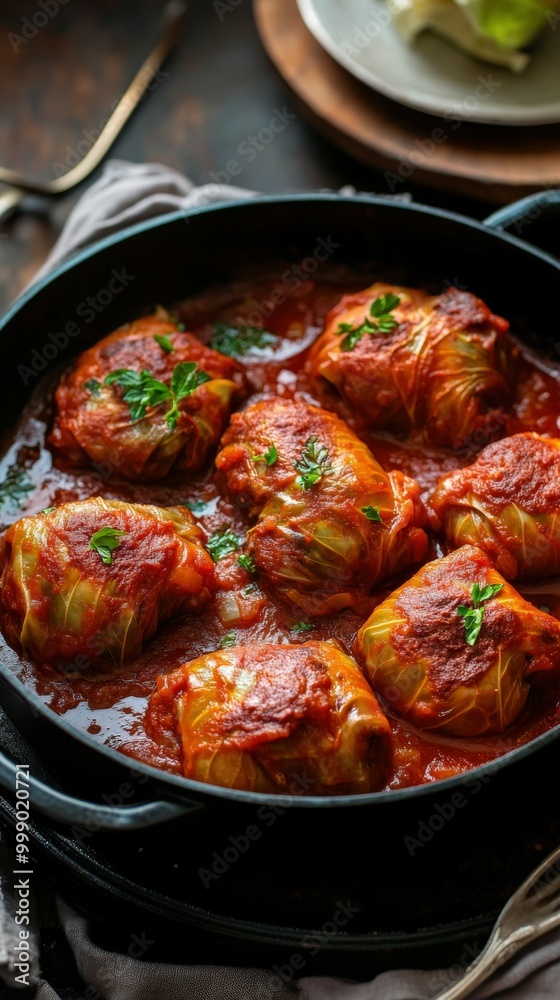 Delicious homemade cabbage rolls simmering in a rich tomato sauce