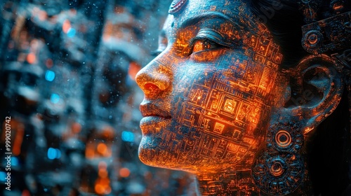 Futuristic Fusion of Ancient Indian Glass Artifact with Holographic Technology on High-Tech Background Space