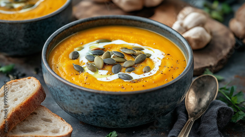 Creamy pumpkin soup with roasted seeds and fresh bread in a rustic bowl
