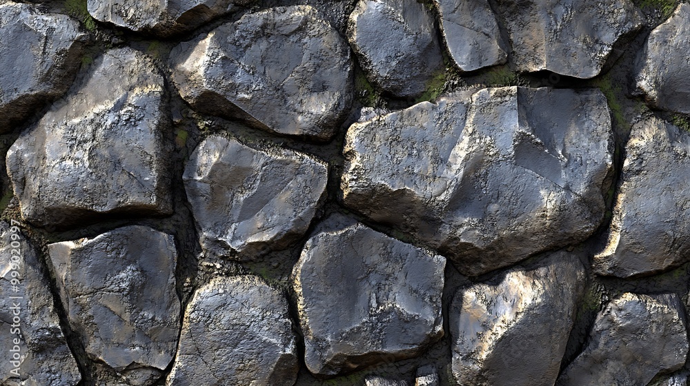 A close-up of a rough stone wall with irregular, dark grey stones. A close-up of a rough stone wall with irregular, dark grey stones.