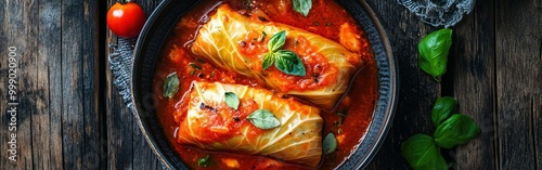Delicious cabbage rolls served in rich tomato sauce on rustic wooden table photo