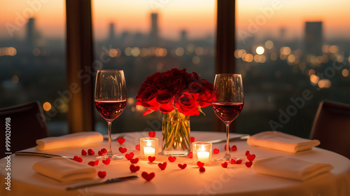 Romantic dinner with wine and roses at sunset overlooking city skyline
