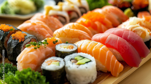  Fresh assorted sushi platter with nigiri and rolls