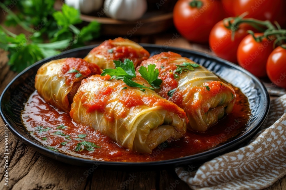 Cabbage rolls served with tomato sauce on a rustic wooden table Cabbage rolls served with tomato sauce on a rustic wooden table