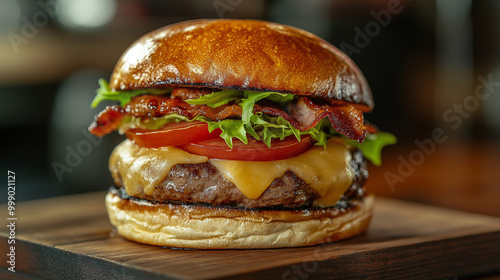 Gourmet cheeseburger with bacon, melted cheddar, and fresh lettuce on a brioche bun