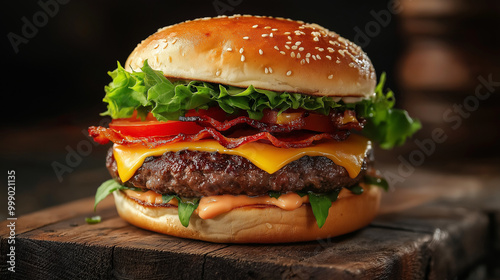 Gourmet cheeseburger with bacon, cheddar, lettuce, and tomato on sesame bun