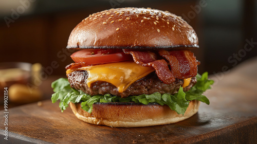 Juicy cheeseburger with bacon, lettuce, and tomato on a sesame seed bun