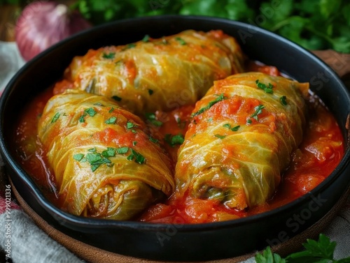 Warm cabbage rolls simmering in flavorful tomato sauce with herbs photo