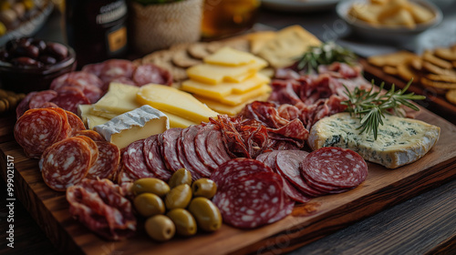 Rustic charcuterie board with meats, cheeses, olives, and rosemary garnishes