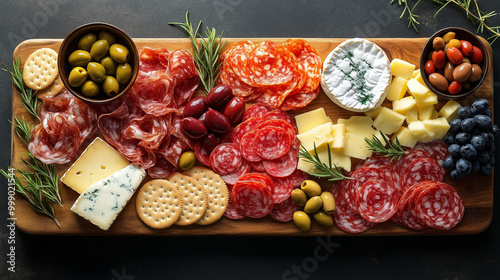 Elegant charcuterie board with meats, cheeses, olives, and grapes