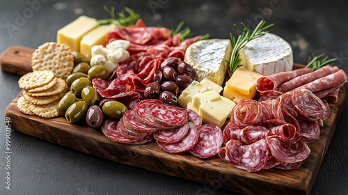 Charcuterie board with assorted meats, cheeses, olives, and crackers