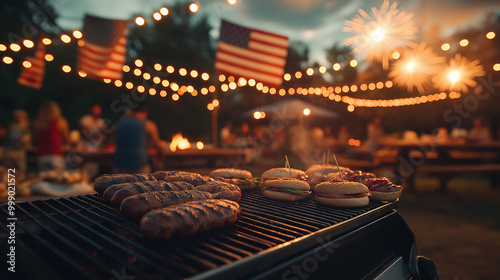 Grilled sausages and burgers under fireworks and string lights at a festive summer barbecue