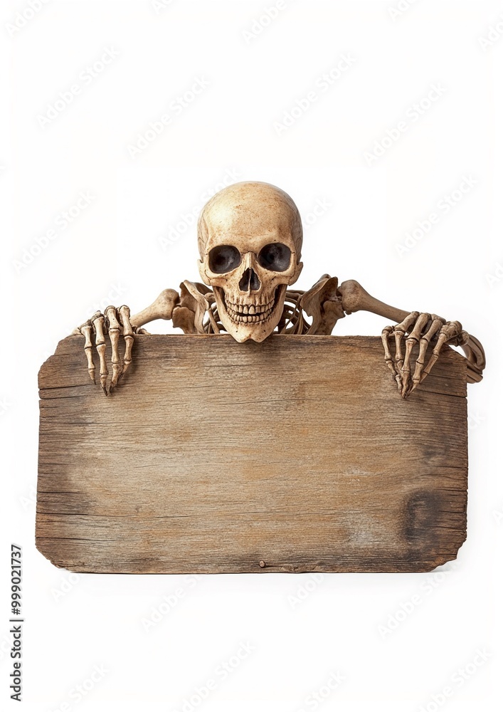Skeleton holding a blank wooden sign with blank space, perfect for Halloween decorations, spooky messages, or themed party invitations with a rustic, eerie vibe Skeleton holding a blank wooden sign with blank space, perfect for Halloween decorations, spooky messages, or themed party invitations with a rustic, eerie vibe