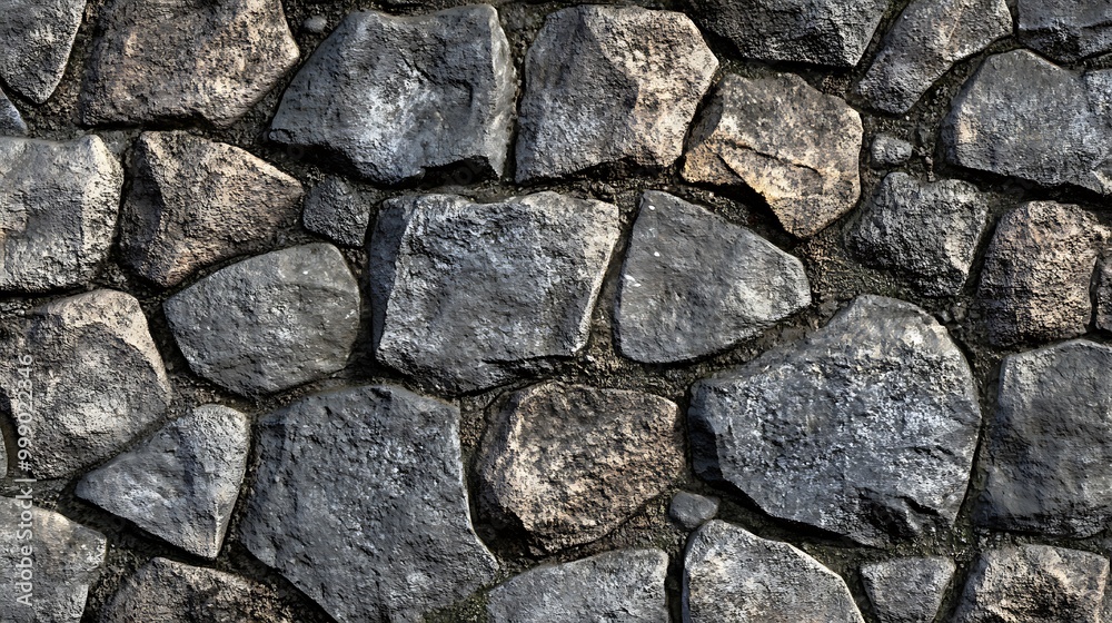 A rugged stone wall, with various sizes of rocks.