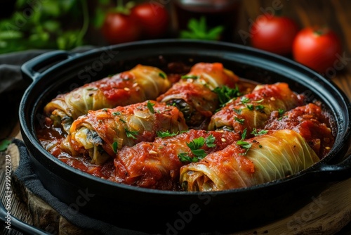 Delicious cabbage rolls topped with rich tomato sauce and herbs