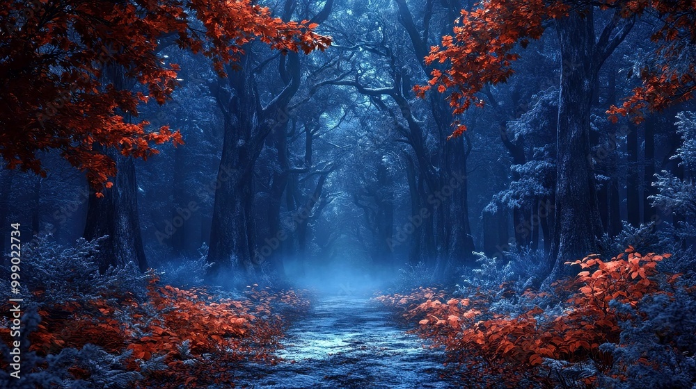 Fototapeta premium Mystical Frozen Summer in Enchanted Woods - Dark Fantasy Scene with Dramatic Lighting, Misty Forest Floor, and Text Space