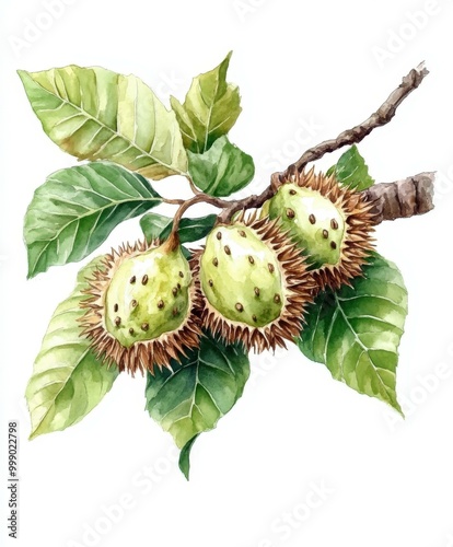 Fresh Castanea sativa nuts on a leafy branch captured in detail