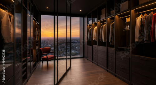 Wardrobe in modern luxury closet with sunset view showcasing elegant interior design and stylish organization